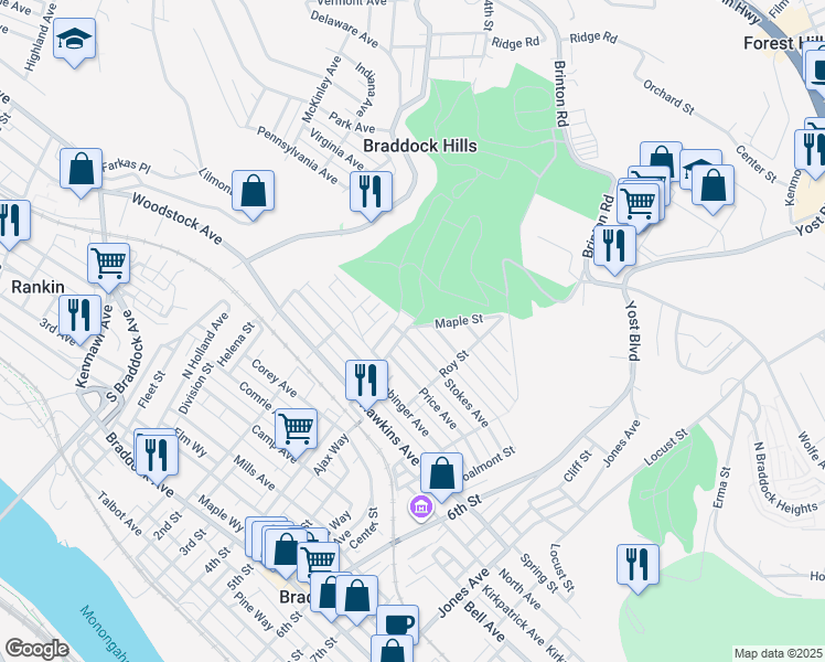 map of restaurants, bars, coffee shops, grocery stores, and more near 1106 4th Street in Braddock