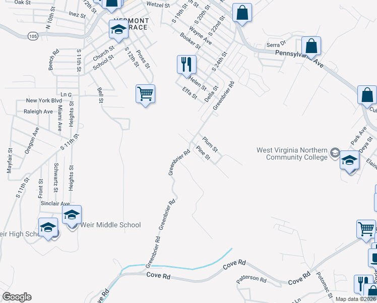 map of restaurants, bars, coffee shops, grocery stores, and more near 102 Pine Street in Weirton