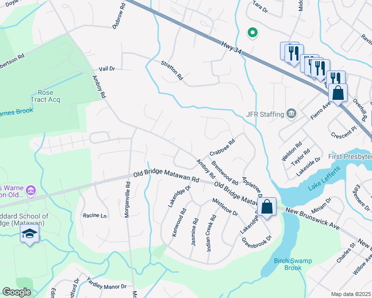 map of restaurants, bars, coffee shops, grocery stores, and more near 50 Amboy Road in Matawan