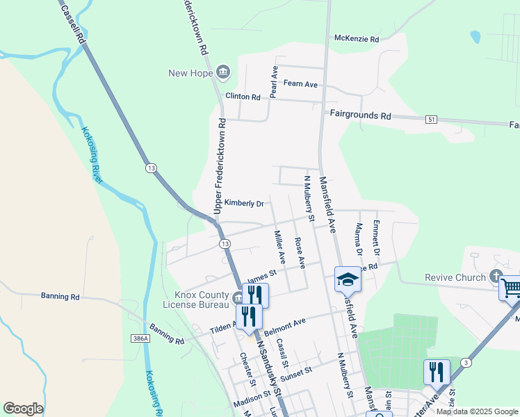 map of restaurants, bars, coffee shops, grocery stores, and more near 300 Kimberly Drive in Mount Vernon