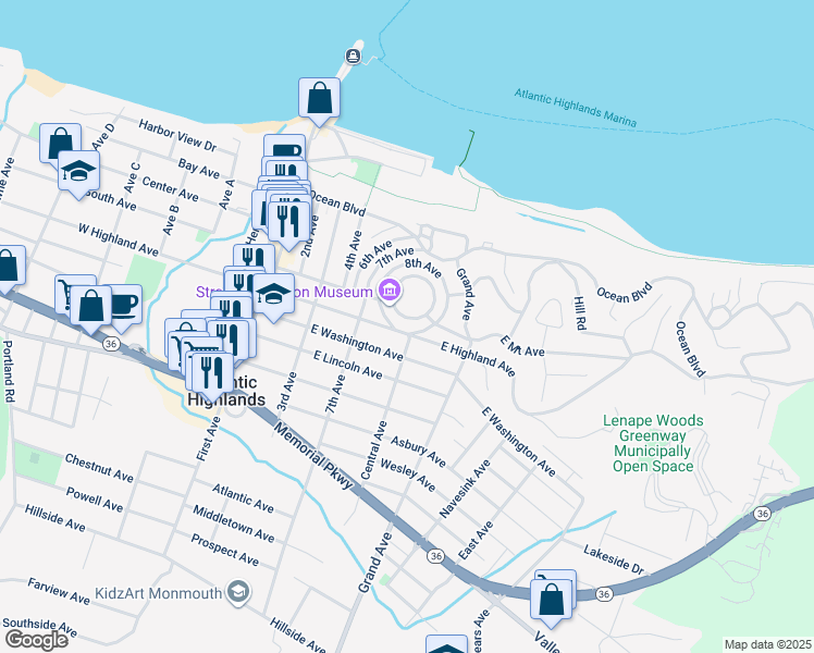 map of restaurants, bars, coffee shops, grocery stores, and more near 44 Highland Avenue in Red Bank