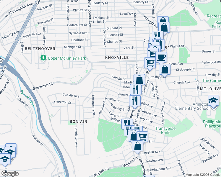 map of restaurants, bars, coffee shops, grocery stores, and more near 333 Suncrest Street in Pittsburgh