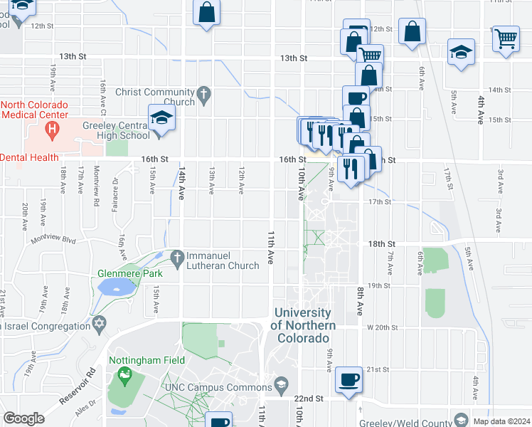 map of restaurants, bars, coffee shops, grocery stores, and more near 1727 11th Avenue in Greeley