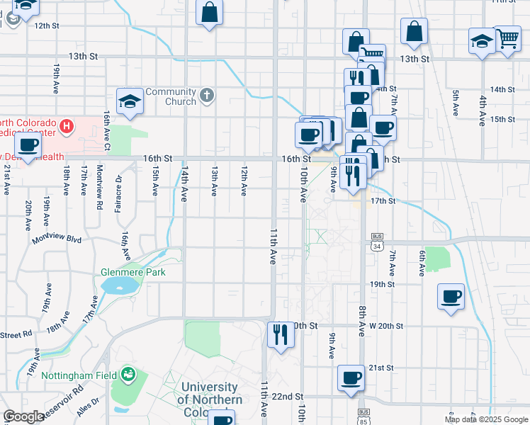 map of restaurants, bars, coffee shops, grocery stores, and more near 1727 11th Avenue in Greeley