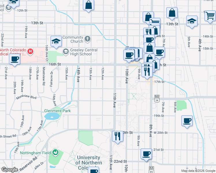 map of restaurants, bars, coffee shops, grocery stores, and more near 1727 11th Avenue in Greeley