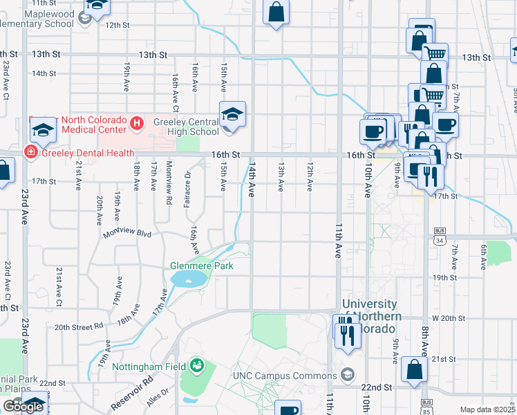 map of restaurants, bars, coffee shops, grocery stores, and more near 1722 14th Avenue in Greeley
