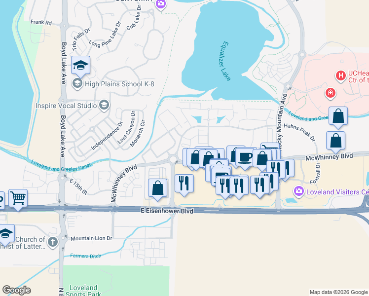 map of restaurants, bars, coffee shops, grocery stores, and more near 4612 Hahns Peak Drive in Loveland
