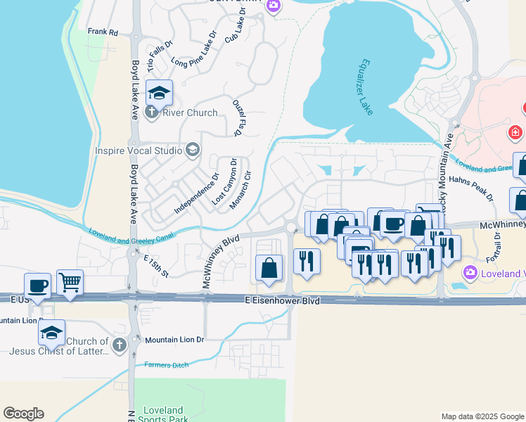 map of restaurants, bars, coffee shops, grocery stores, and more near 2003 Grays Peak Drive in Loveland