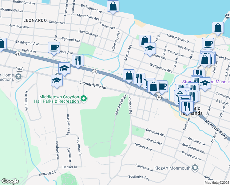 map of restaurants, bars, coffee shops, grocery stores, and more near 947 Leonardville Road in Atlantic Highlands