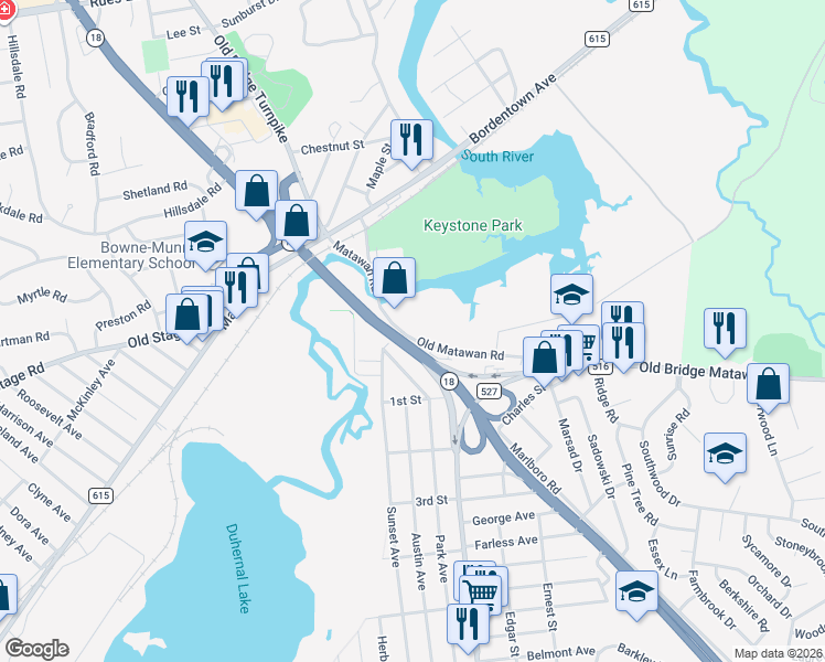 map of restaurants, bars, coffee shops, grocery stores, and more near 28 Old Matawan Road in Old Bridge Township