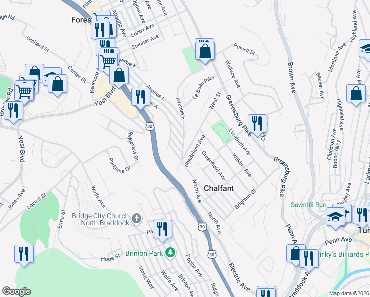 map of restaurants, bars, coffee shops, grocery stores, and more near 118 Avenue F in Pittsburgh