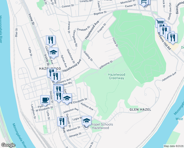map of restaurants, bars, coffee shops, grocery stores, and more near 401 Kilbourne Street in Pittsburgh