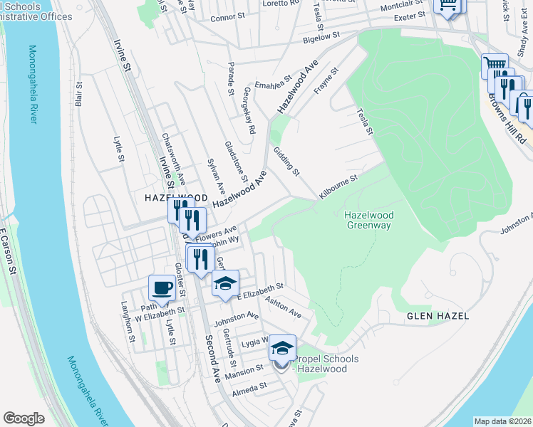 map of restaurants, bars, coffee shops, grocery stores, and more near 332 Flowers Avenue in Pittsburgh