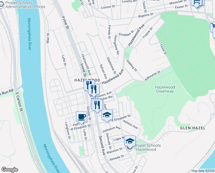 map of restaurants, bars, coffee shops, grocery stores, and more near 152 Hazelwood Avenue in Pittsburgh
