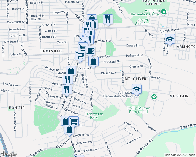 map of restaurants, bars, coffee shops, grocery stores, and more near 227 Anthony Street in Pittsburgh