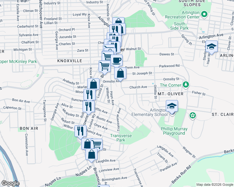 map of restaurants, bars, coffee shops, grocery stores, and more near 430 Hays Avenue in Pittsburgh