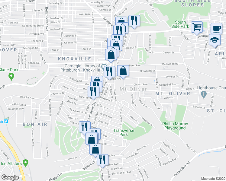 map of restaurants, bars, coffee shops, grocery stores, and more near 430 Hays Avenue in Pittsburgh