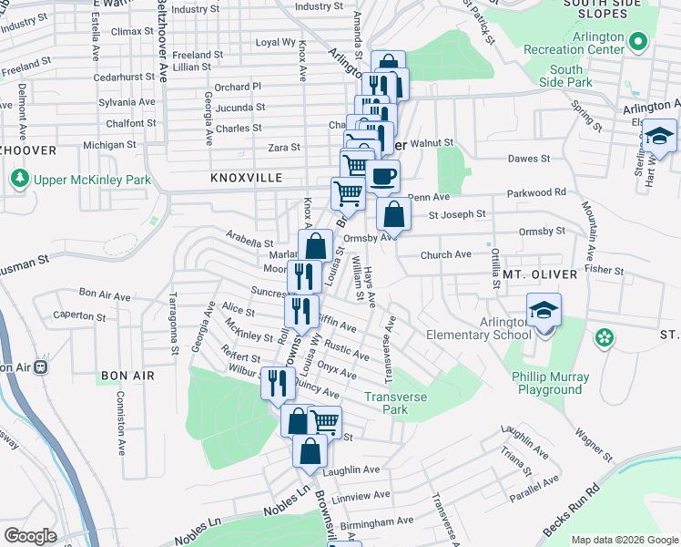 map of restaurants, bars, coffee shops, grocery stores, and more near 423 Carl Street in Pittsburgh