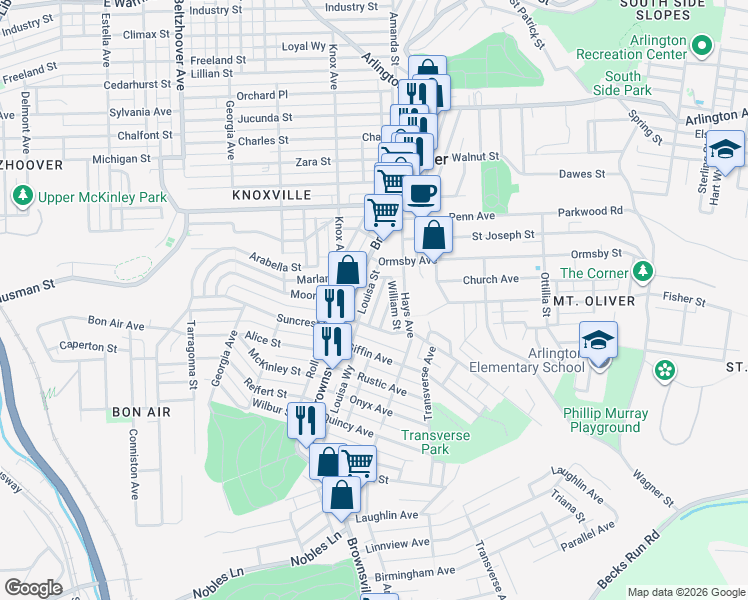 map of restaurants, bars, coffee shops, grocery stores, and more near 423 Carl Street in Pittsburgh