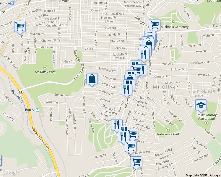 map of restaurants, bars, coffee shops, grocery stores, and more near 310 Moore Avenue in Pittsburgh