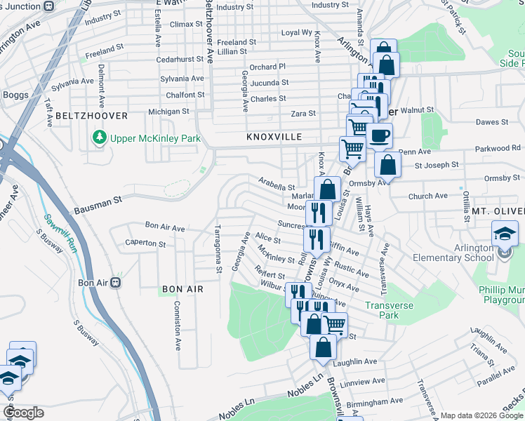 map of restaurants, bars, coffee shops, grocery stores, and more near 310 Moore Avenue in Pittsburgh