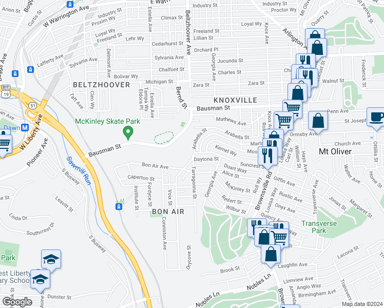 map of restaurants, bars, coffee shops, grocery stores, and more near 450 Arabella Street in Pittsburgh
