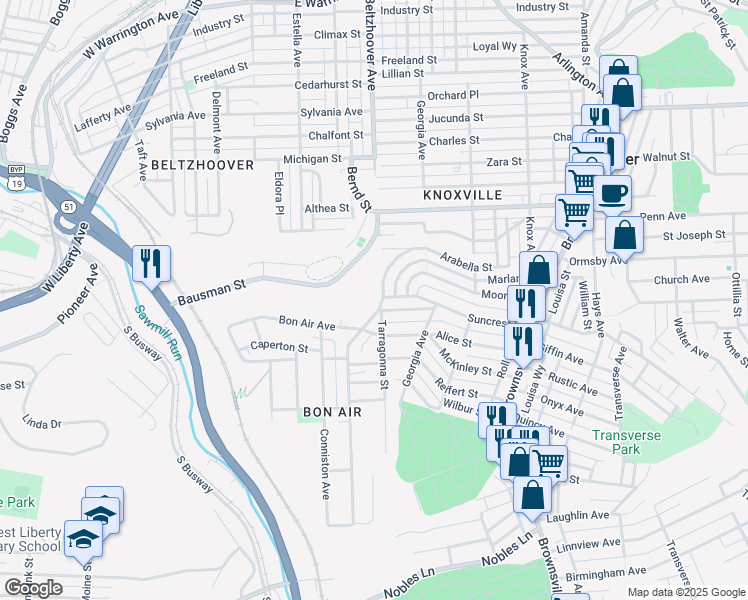 map of restaurants, bars, coffee shops, grocery stores, and more near 450 Arabella Street in Pittsburgh