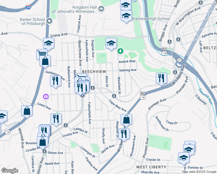 map of restaurants, bars, coffee shops, grocery stores, and more near 1520 Rockland Avenue in Pittsburgh