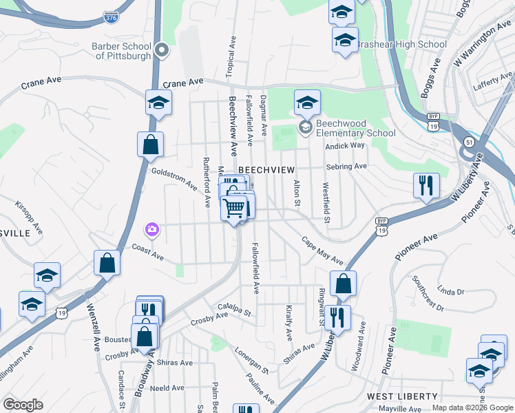 map of restaurants, bars, coffee shops, grocery stores, and more near 1535 Fallowfield Avenue in Pittsburgh