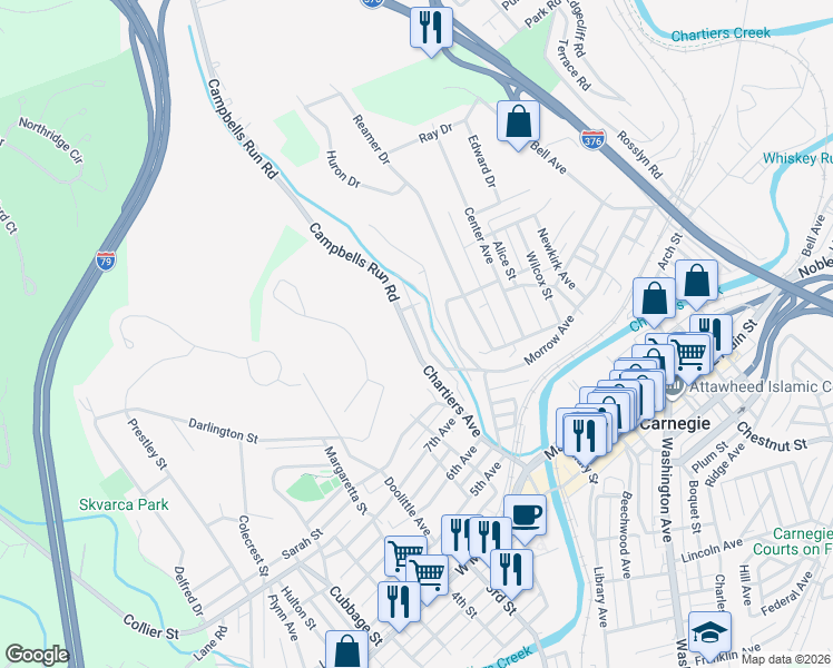 map of restaurants, bars, coffee shops, grocery stores, and more near 902 Chartiers Avenue in Carnegie