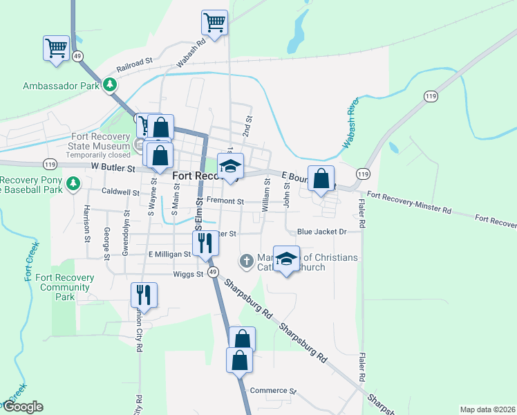 map of restaurants, bars, coffee shops, grocery stores, and more near 504 Fremont Street in Fort Recovery