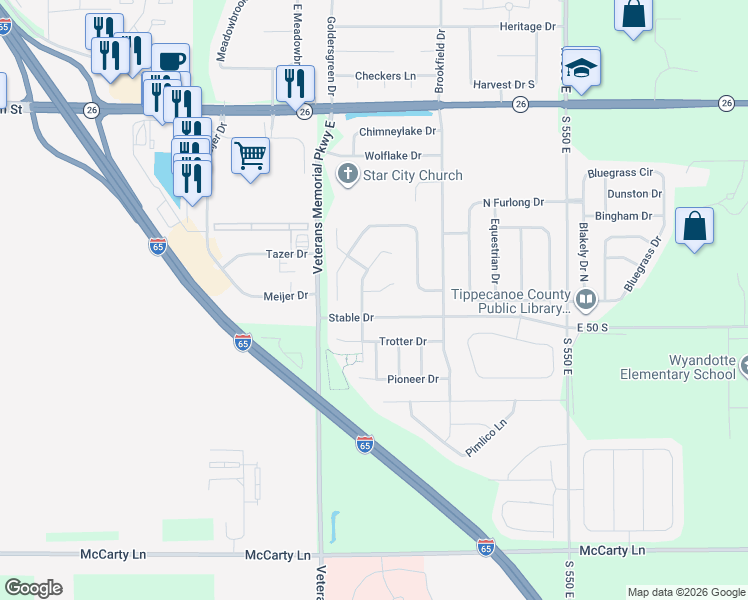 map of restaurants, bars, coffee shops, grocery stores, and more near 340-398 Gallop Dr in Lafayette