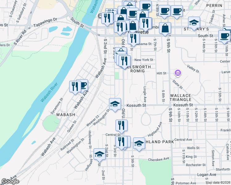 map of restaurants, bars, coffee shops, grocery stores, and more near 530 South 4th Street in Lafayette