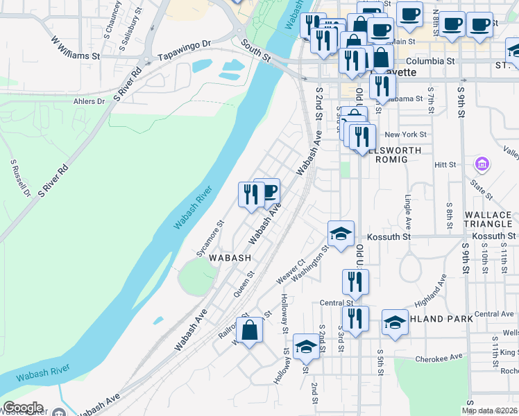 map of restaurants, bars, coffee shops, grocery stores, and more near 714 South 1st Street in Lafayette