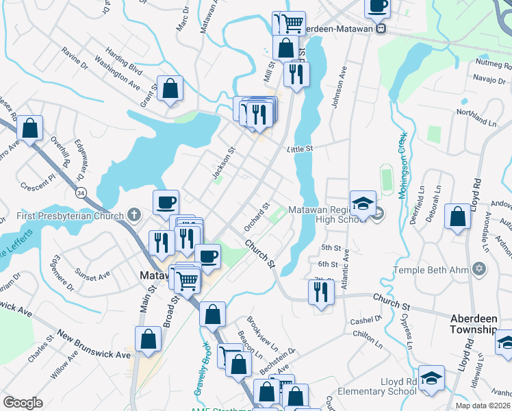 map of restaurants, bars, coffee shops, grocery stores, and more near 156 Broad Street in Matawan