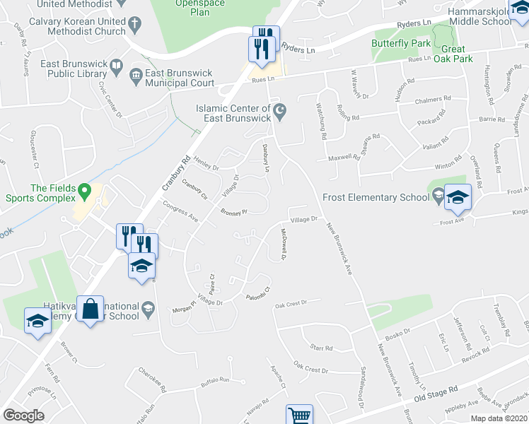 map of restaurants, bars, coffee shops, grocery stores, and more near 281 Bromley Place in East Brunswick