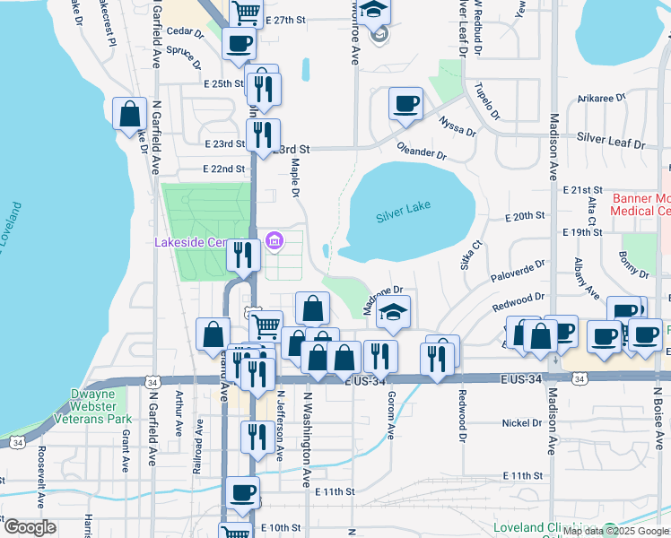 map of restaurants, bars, coffee shops, grocery stores, and more near 744 Maple Drive in Loveland