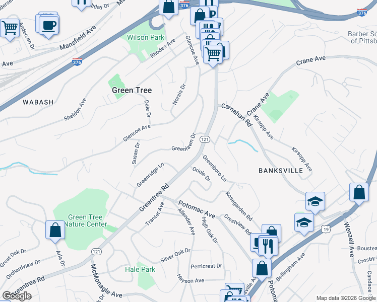 map of restaurants, bars, coffee shops, grocery stores, and more near 1083 Greenlawn Drive in Pittsburgh