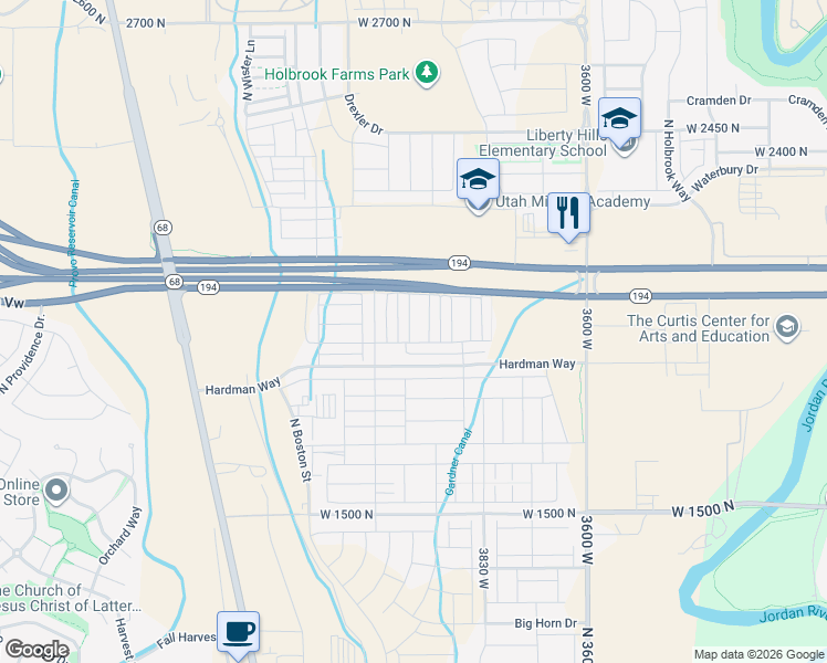map of restaurants, bars, coffee shops, grocery stores, and more near 3956 West 1850 North in Lehi