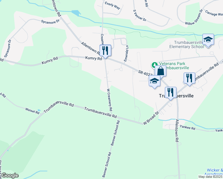 map of restaurants, bars, coffee shops, grocery stores, and more near 1625 Creamery Road in Quakertown