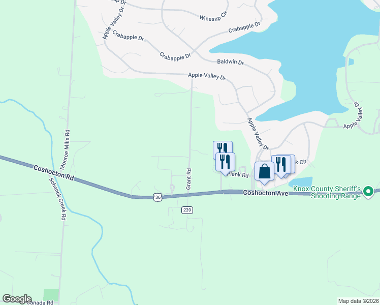 map of restaurants, bars, coffee shops, grocery stores, and more near 12390 Grant Road in Howard