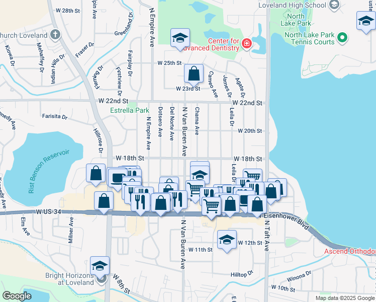 map of restaurants, bars, coffee shops, grocery stores, and more near 1812 North Van Buren Avenue in Loveland
