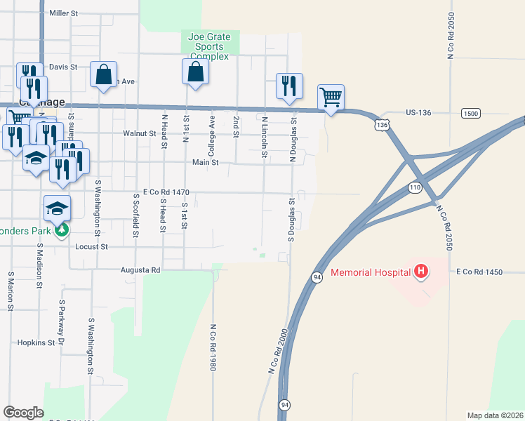 map of restaurants, bars, coffee shops, grocery stores, and more near 199 South Lincoln Street in Carthage