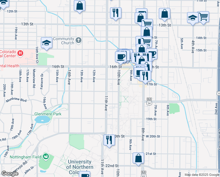 map of restaurants, bars, coffee shops, grocery stores, and more near 1017 18th Street in Greeley