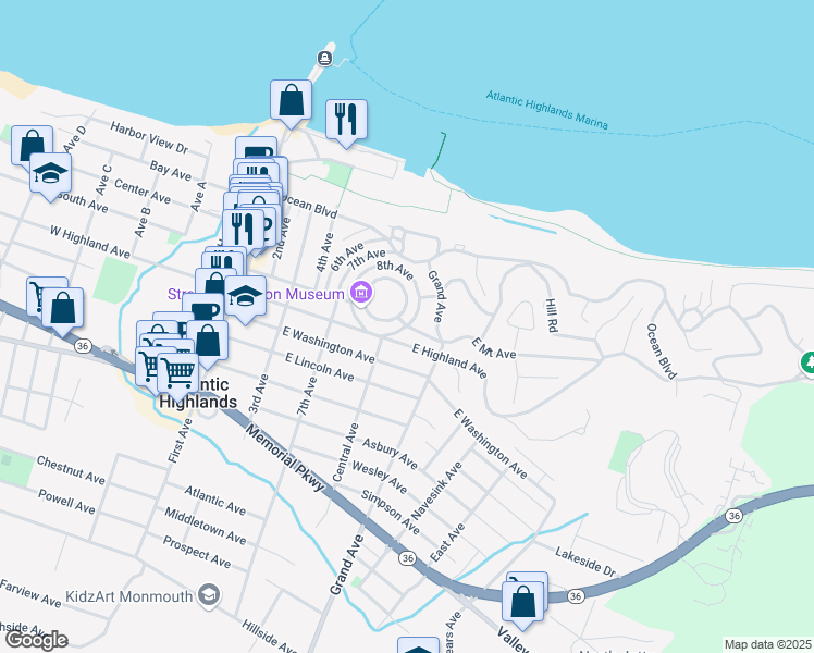 map of restaurants, bars, coffee shops, grocery stores, and more near E Mt Ave & 8th Ave in Atlantic Highlands