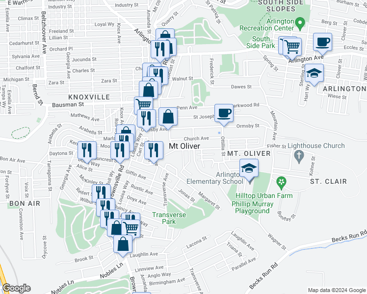map of restaurants, bars, coffee shops, grocery stores, and more near 249 Anthony Street in Pittsburgh