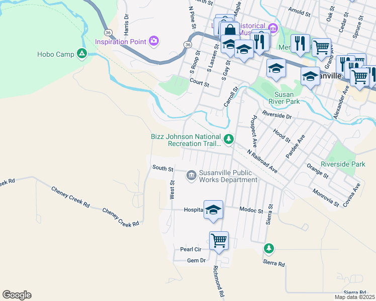 map of restaurants, bars, coffee shops, grocery stores, and more near 650 Cypress Street in Susanville