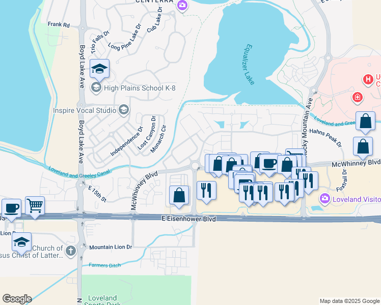 map of restaurants, bars, coffee shops, grocery stores, and more near 1963 Grays Peak Drive in Loveland