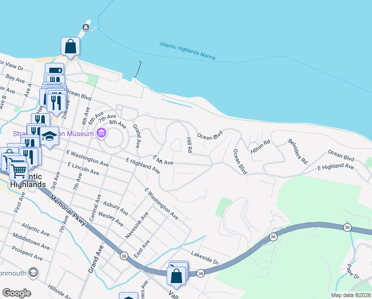 map of restaurants, bars, coffee shops, grocery stores, and more near 22 Keystone Drive in Atlantic Highlands