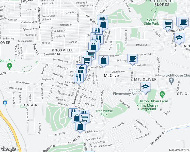 map of restaurants, bars, coffee shops, grocery stores, and more near 430 Hays Avenue in Pittsburgh